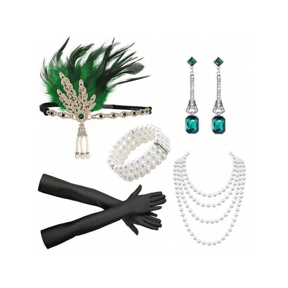 💚✨ 5PCS 1920s Green Accessories Flapper Great Gatsby Retro Costume Set NEW - Picture 2 of 14